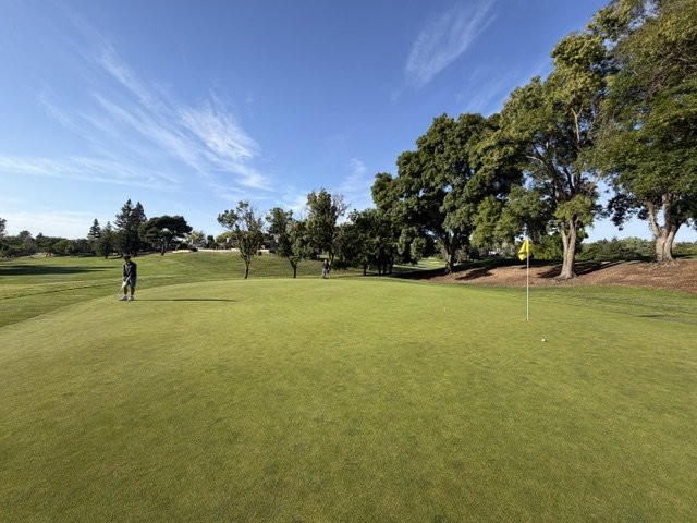 Green and flagstick at Crow Canyon Country Club ringed by mature oak trees with golfers putting